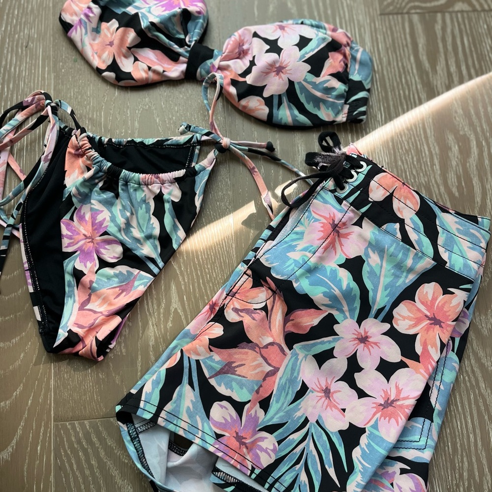 Billabong Black Floral 3-Piece Swim Set - Bikini Top, Bottoms & Swim Shorts